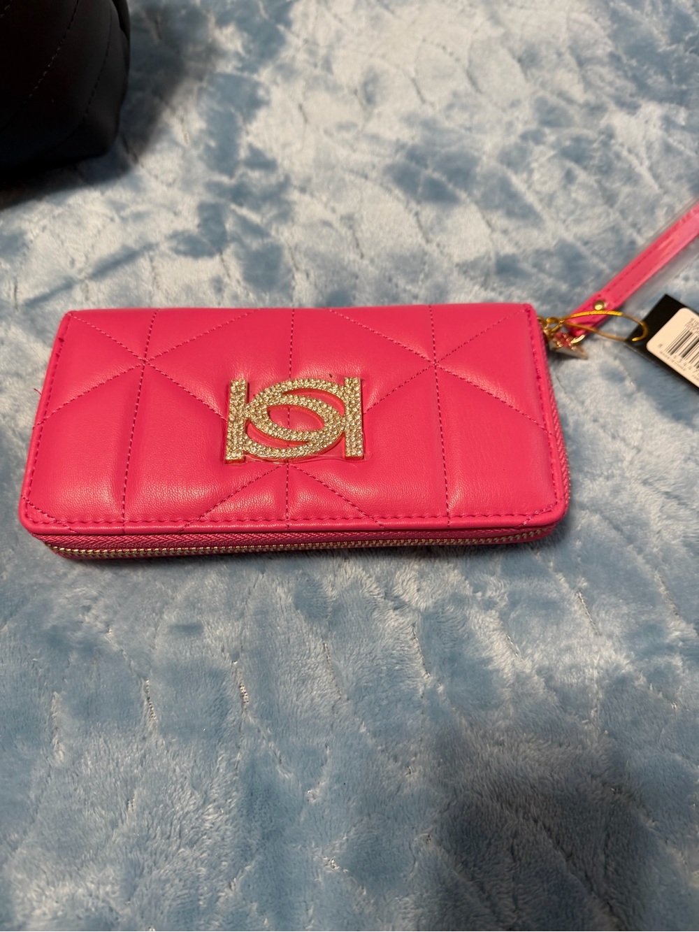 Quilted Hot Pink Zip Wristlet Wallet with Crystal Accent